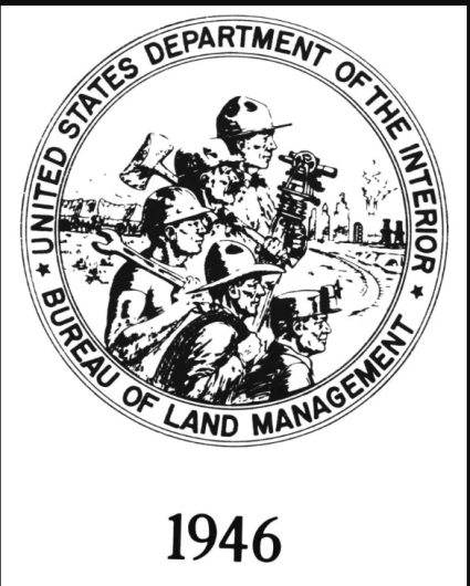 Image shows former BLM logo, which includes a logger, cowboy, oil driller and surveyor.