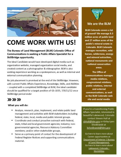 BLM Colorado seeks Public Affairs Specialist for SkillBridge opportunity