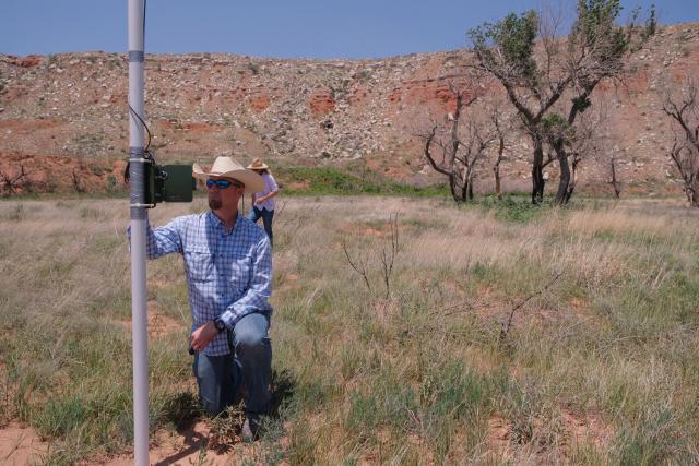 Oklahoma Field Office Wildlife Biologist Brian Dickerson programs a SM4BAT-FS acoustic monitoring device in an effort to understand what bat species may be present on the Cross Bar Management Area.