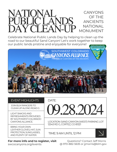 Flyer promoting the September 28 Sand Canyon National Public Lands Day cleanup event at Canyons of the Ancients NM.