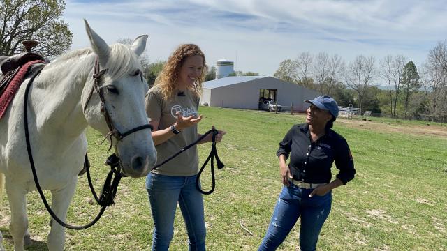 A woman standing next to a horse is interviewed by another woman as they stand in a field. 