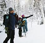 Guide and two participants look off into the snow-covered landscape. 