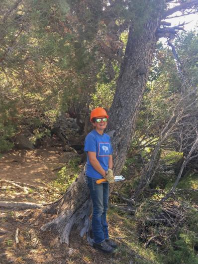 A person holding a hand saw and wearing an orange hard hat leans against a tree.