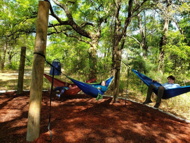 4 young men are seen relaxing in 3 hammocks hung between large wooden posts with a wooded area in the background. 