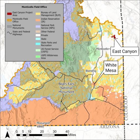 Map showing the Monticello Field Office, Bears Ears National Monument, East Canyon area, and neighboring community of White Mesa