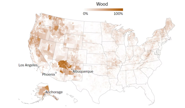 A map showing the proportion of population that use wood to heat their homes. The densest area is the Four Corners region (UT, AZ, CO, NM).