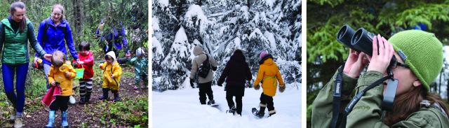 Three photos. The first shows parents and children walking outside. The 2nd is a group of snowshoers. The 3rd is a person holding binoculars and looking up. 