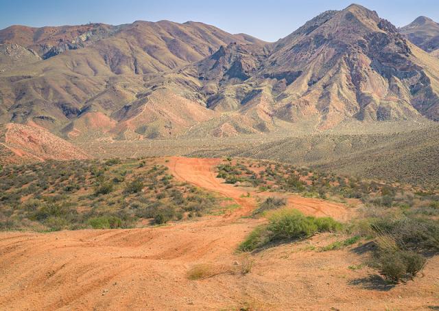 a dirt road winds toward a distant range of mountains.