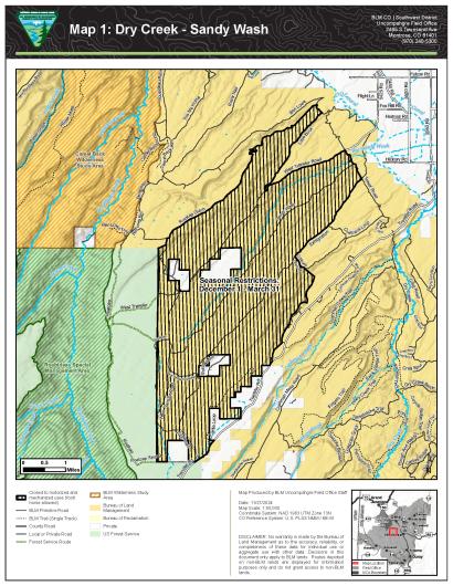 Map 1 showing Seasonal Closure of Sandy Wash in the Dry Creek Recreation Area, Uncompahgre Field Office