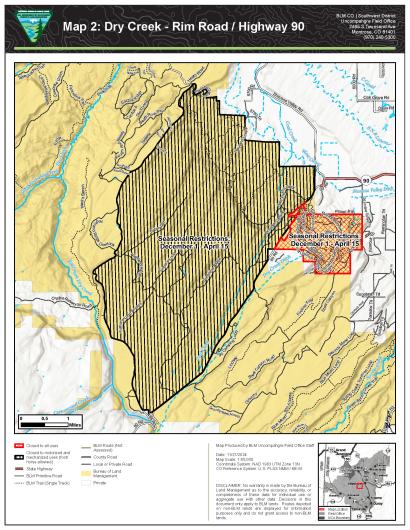 Map 2 showing Seasonal Closure Rim Road-Highway 90 in Dry Creek Recreation Area, Uncompahgre Field Office