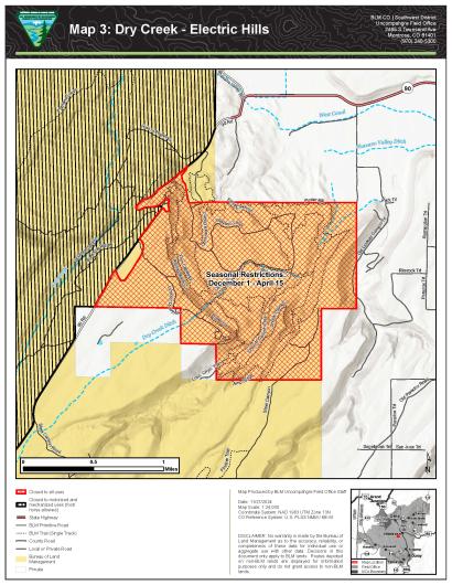 Map 3 showing Seasonal Closure in Electric Hills, Dry Creek Recreation Area, Uncompahgre Field Office, CO.