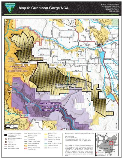 Map 5 showing Seasonal Closures within Gunnison Gorge NCA, CO.