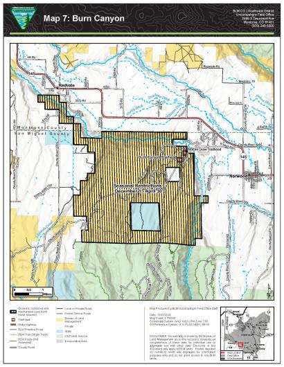 Map 7 showing Seasonal Closures in Burn Canyon, Uncompahgre Field Office, CO.