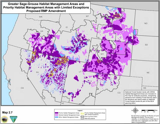 a map showing sage-grouse habitat areas across 10 western states