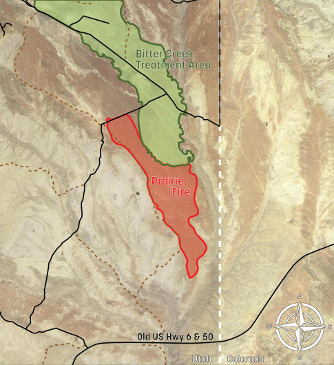 A map superimposed over satellite imagery of where the fire took place. The perimeter of the Prairie Fire and the Bitter Creek Treatment Area are highlighted. 