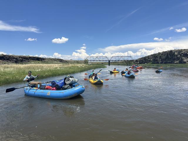 BLM Fisheries Biologist Sage Dunn and New Mexico Department of Game and Fish Fisheries Biologist Taylor Booth rig the electrofishing raft at the put-in.