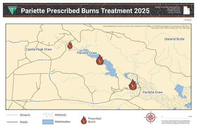 A map detailing where the prescribed burns will be occurring at the Pariette Wetlands. Three burn locations across the Pariette Draw are featured between Castle Peak Draw and Uteland Butte.