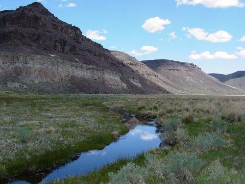 A clear stream surrounded by grasses in a valley