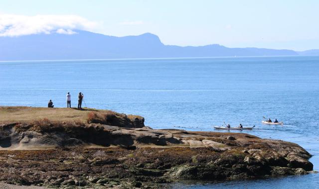 Two people stand on the rocky shore looking out over calm blue waters. There are people kayaking in the water. 