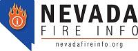 Logo for website with text: "Nevada Fire Info. nevadafireinfo.org." Image: a shape of the state of Nevada. Inside the shape are the letter "I" and red flames. 