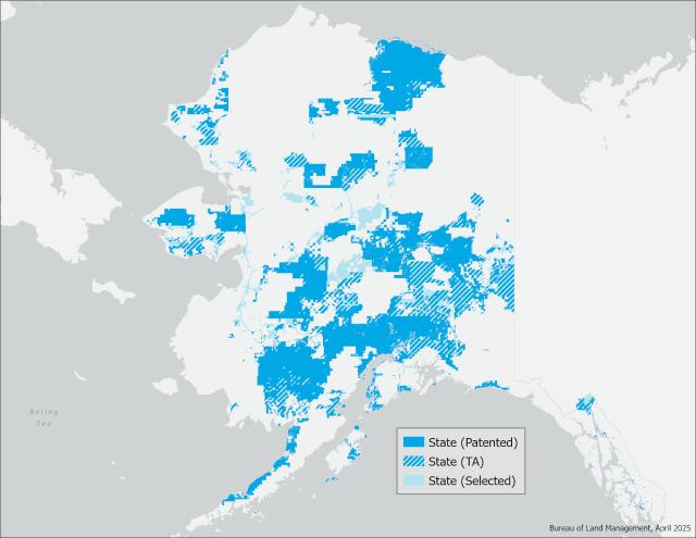 Map showing state land selections, conveyances, and patents