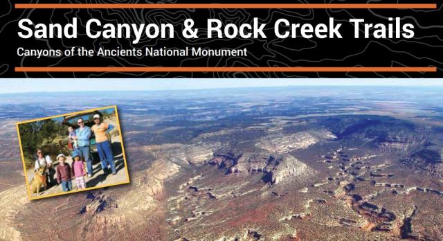 Sand Canyon & Rock Creek Trails brochure cover featuring landscape and group of visitors