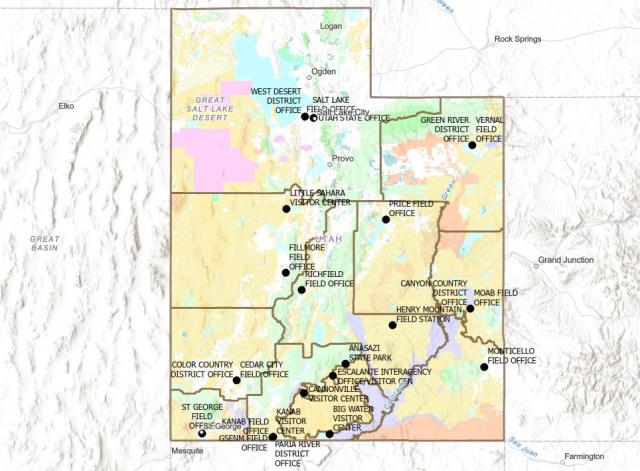 screenshot of home screen of Utah's web-based map showing the state and field offices