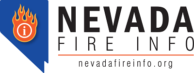Text: Nevada Fire Info. nevadafireinfo.org. Image: A logo. Shape of the state of Nevada with a flame inside. 
