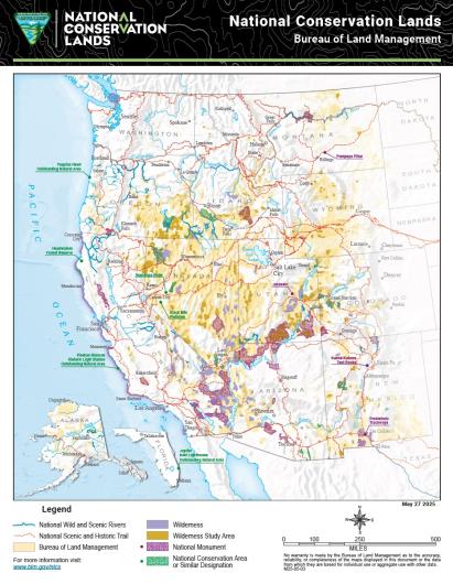 Thumbnail map of BLM's National Conservation Lands mostly concentrated in the western U.S., Alaska, and Florida.
