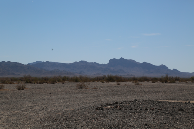Scenic desert landscape with Plomosa Mountains in background featuring a formation called "The Old Man".