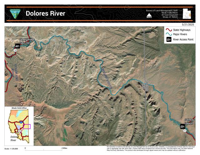 Lower Dolores River Map, with launch Gateway and take-out at Dewey Bridge labeled