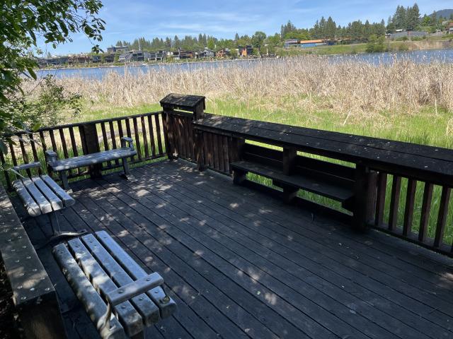 A photo showing a wood viewing platform with three benches and surrounded by wood rails. The platform is shaded by trees and sits on top of riparian vegetation at the edge of a river. 