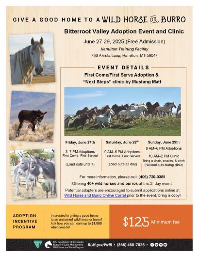 a flyer with information about a wild horse and burro adoption event