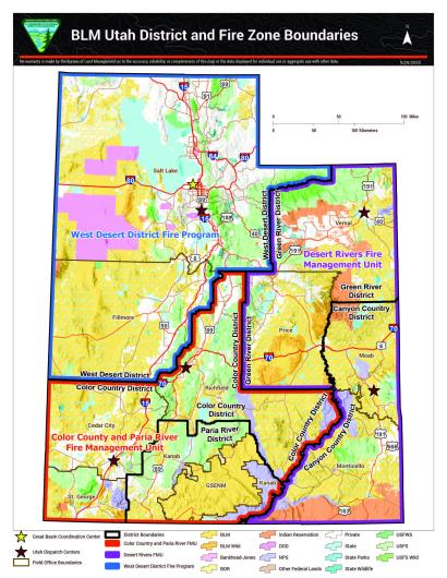 Map of Utah displaying the Fire Management Program Zones