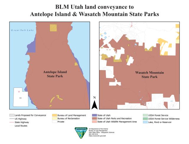 Image 2: Map highlighting Bureau of Land Management parcels transferred to Antelope Island State Park and Wasatch Mountain State Park.