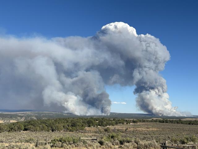 two plumes of smoke from wildfires on sagebrush and pinyon pine covered landscapes cover a blue sky in white and gray smoke