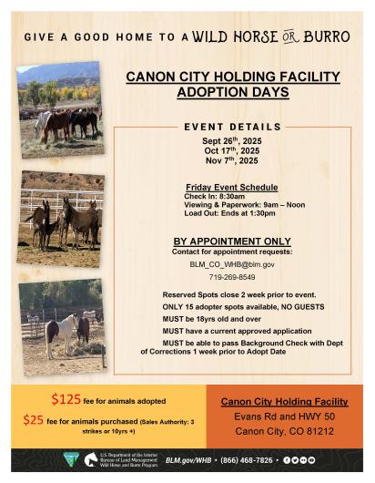 a poster advertising an adoption in canon city oct 17 for wild horses and burros
