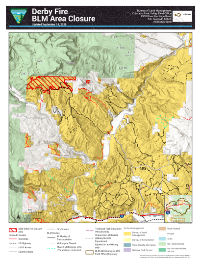 Map of public lands that remain closed for safety because of the Derby Fire. 