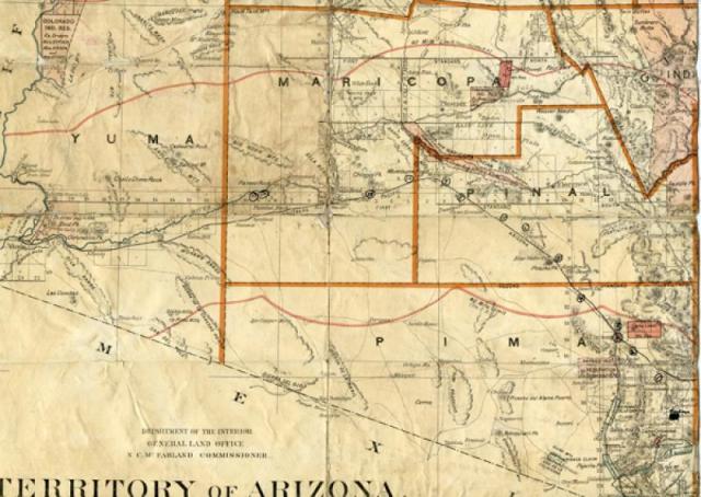 A map of the Territory of Arizona with red markings