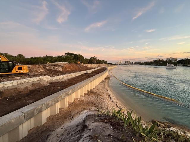 Sunrise showing the construction of the shoreline stabilization project