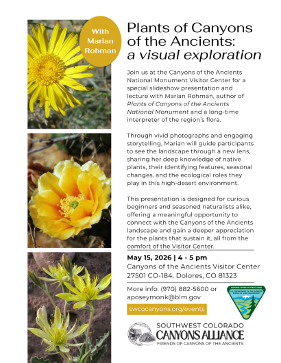 Flyer for a native plants lecture from author Marian Rohman, hosted at Canyons of the Ancients National Monument on May 15.