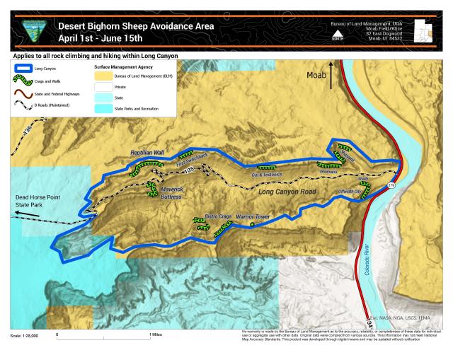 Long Canyon climbing avoidance topographical map, with the entirety of Long Canyon hightlighted.