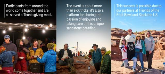 Three images: Thanksgiving dinner served under a tent at night, people pose in front of rigging, BLM employee and partners pose cliffside