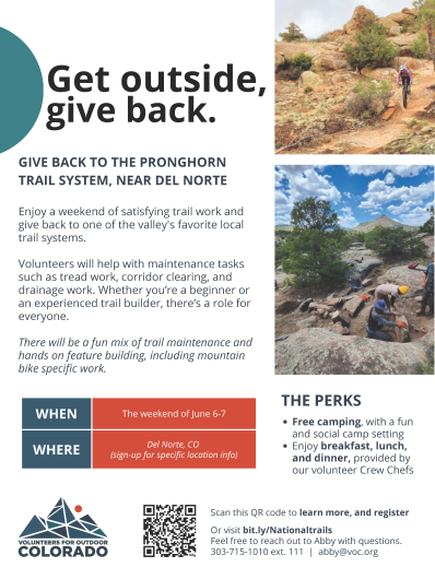   “Give back to the pronghorn Trail system. Enjoy a weekend of satisfying trail work and give back to one of the valley's favorite local trail systems. Volunteers will help with tread work, corridor clearing, and drainage work. There will be a fun mix of trail maintenance and hands on feature building, including mountain bike specific work. Enjoy free camping, with a fun and social camp setting and breakfast, lunch, and dinner, provided by volunteer Crew Chefs. Sign-up for specific location info."