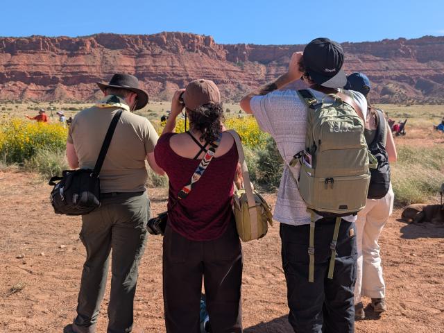 Three people, with their backs turned, face distant red cliffs. They hold binoculars up to their eyes.