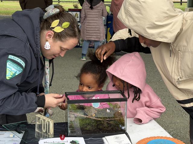 A Bureau of Land Management educator shows a small animal specimen to two children and an adult gathered around a tabletop terrarium during a nature education program.
