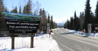 Office sign outside of Anchorage District and Field Office in the winter