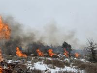 Slash piles burn amidst snow covered ground. 