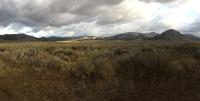 A high desert meadow during a rain storm with mountains in the background.