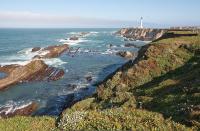 A lighthouse on a rocky coast.